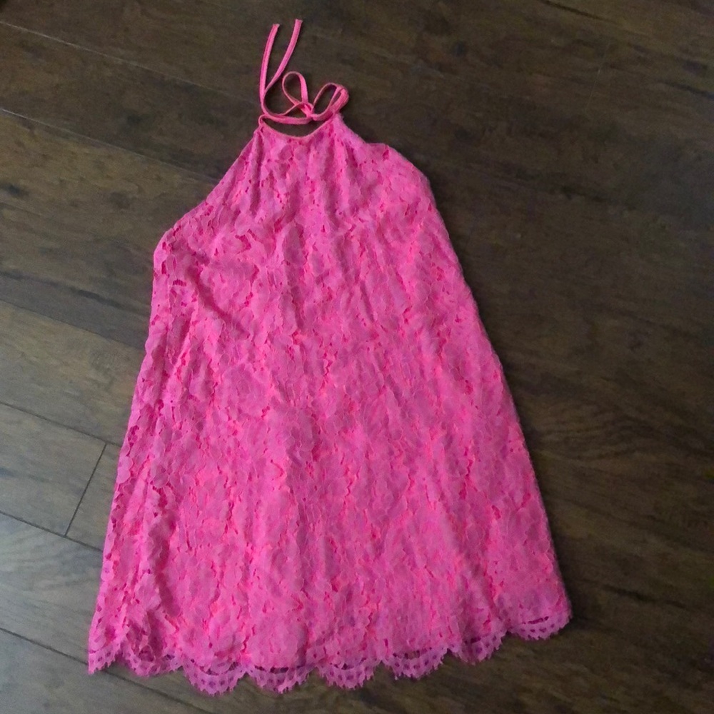 Pink lace high neck halter dress